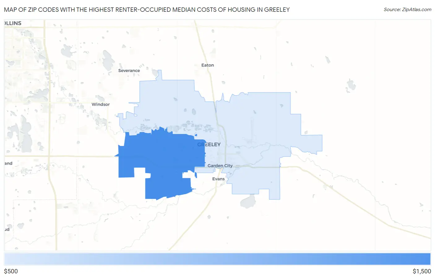 Zip Codes with the Highest Renter-Occupied Median Costs of Housing in Greeley Map
