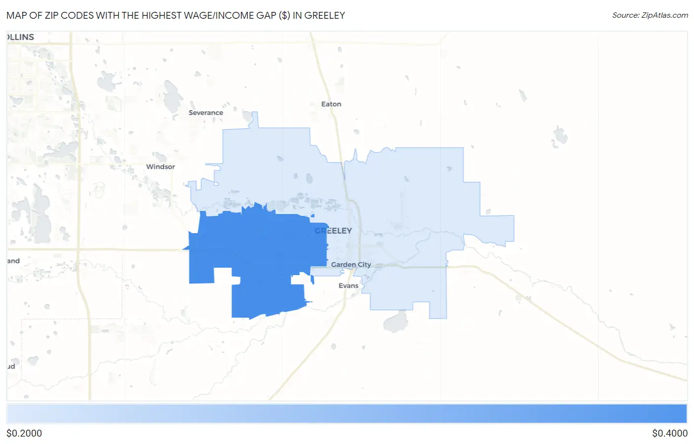 Zip Codes with the Highest Wage/Income Gap ($) in Greeley Map