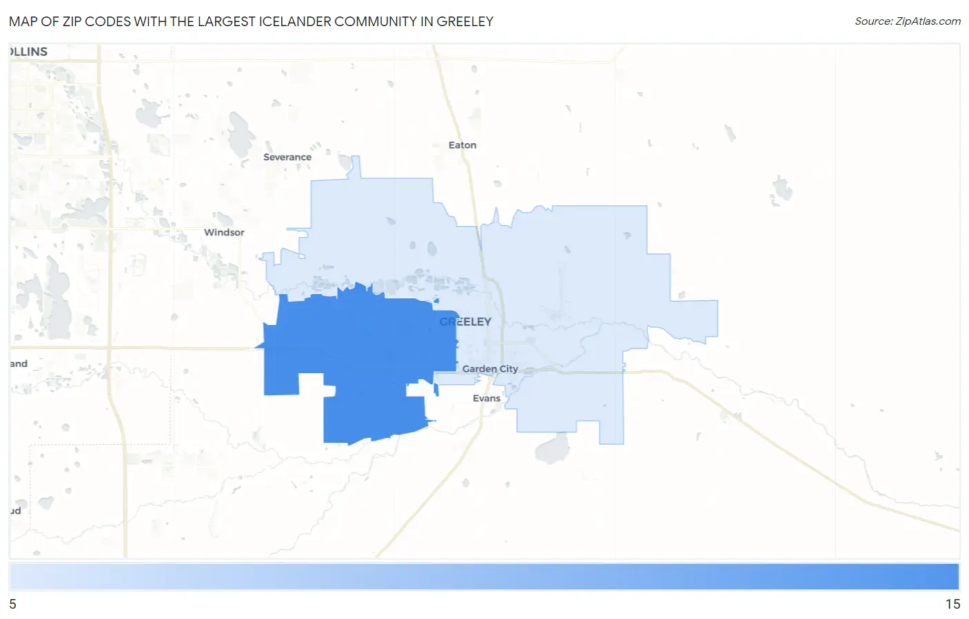 Zip Codes with the Largest Icelander Community in Greeley Map