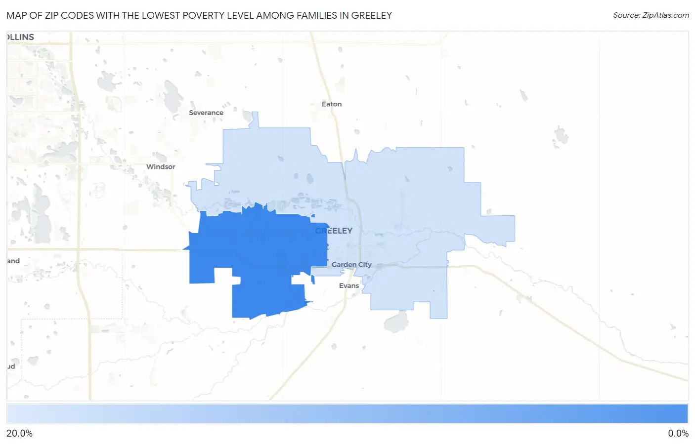 Zip Codes with the Lowest Poverty Level Among Families in Greeley Map