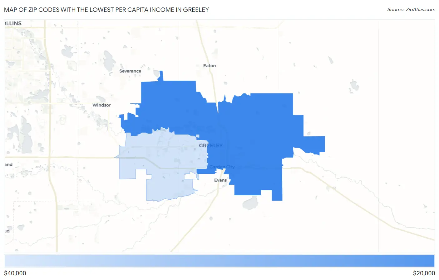 Zip Codes with the Lowest Per Capita Income in Greeley Map