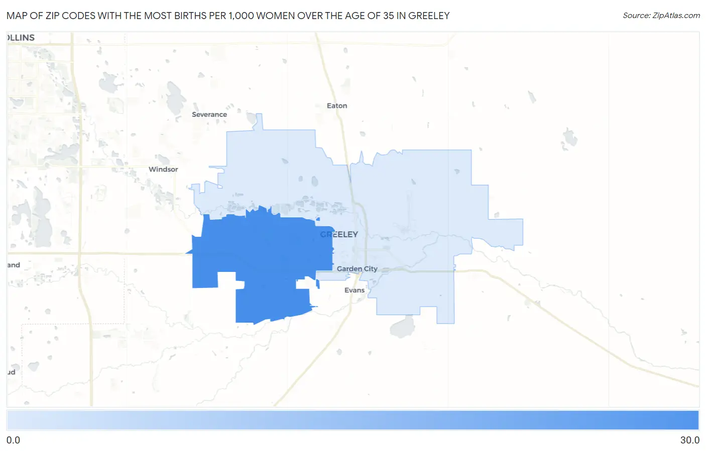 Zip Codes with the Most Births per 1,000 Women Over the Age of 35 in Greeley Map