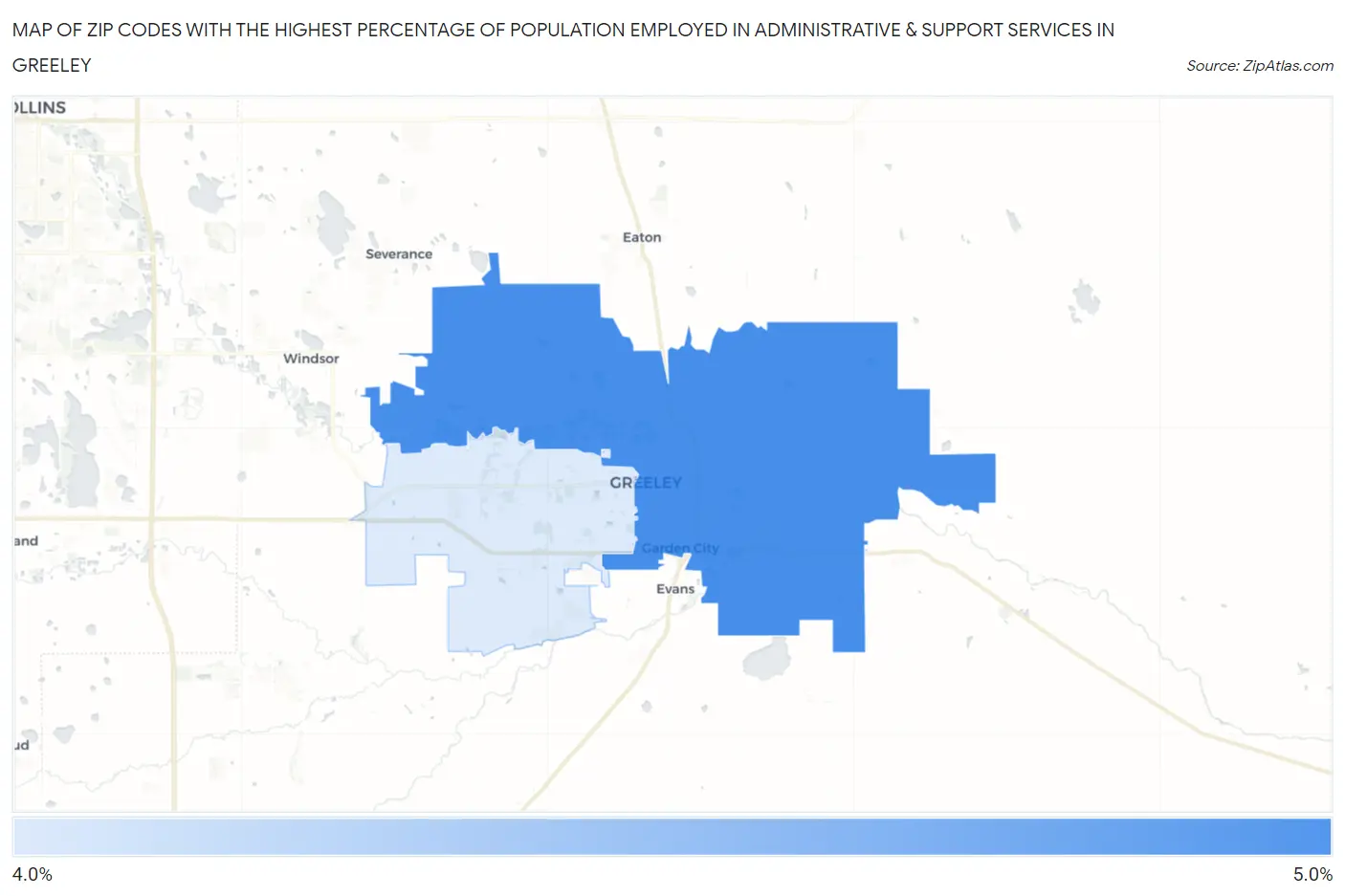 Zip Codes with the Highest Percentage of Population Employed in Administrative & Support Services in Greeley Map