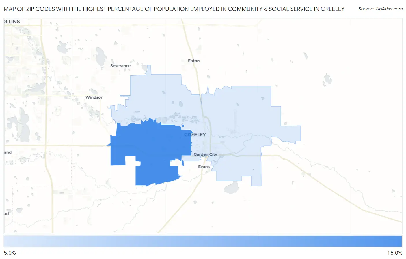 Zip Codes with the Highest Percentage of Population Employed in Community & Social Service  in Greeley Map