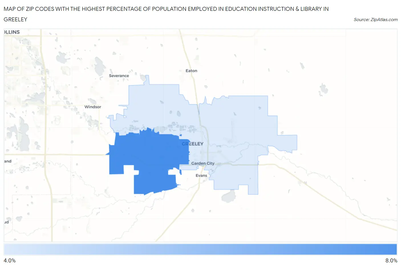 Zip Codes with the Highest Percentage of Population Employed in Education Instruction & Library in Greeley Map