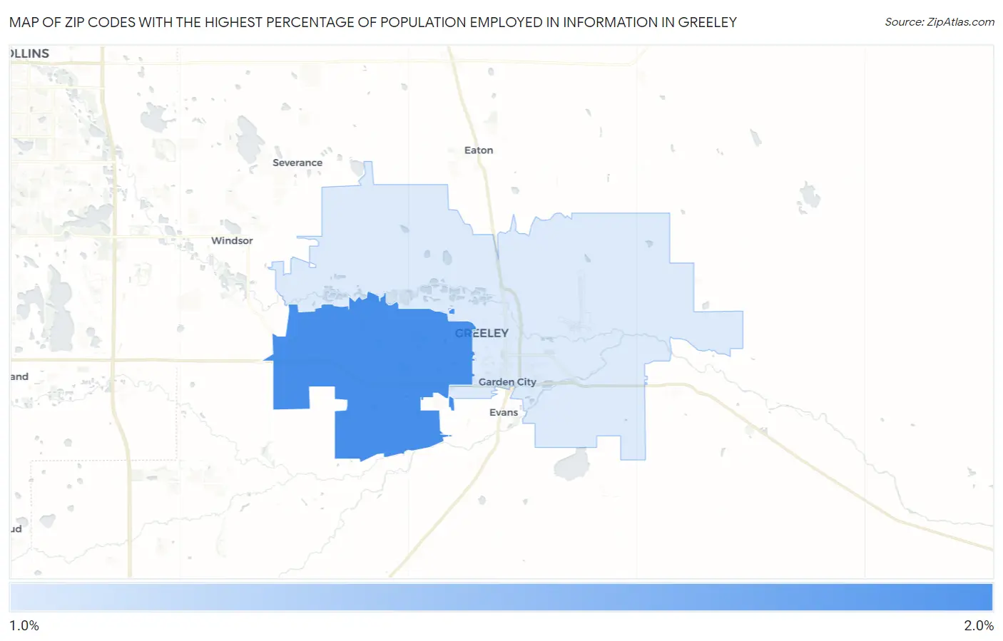 Zip Codes with the Highest Percentage of Population Employed in Information in Greeley Map