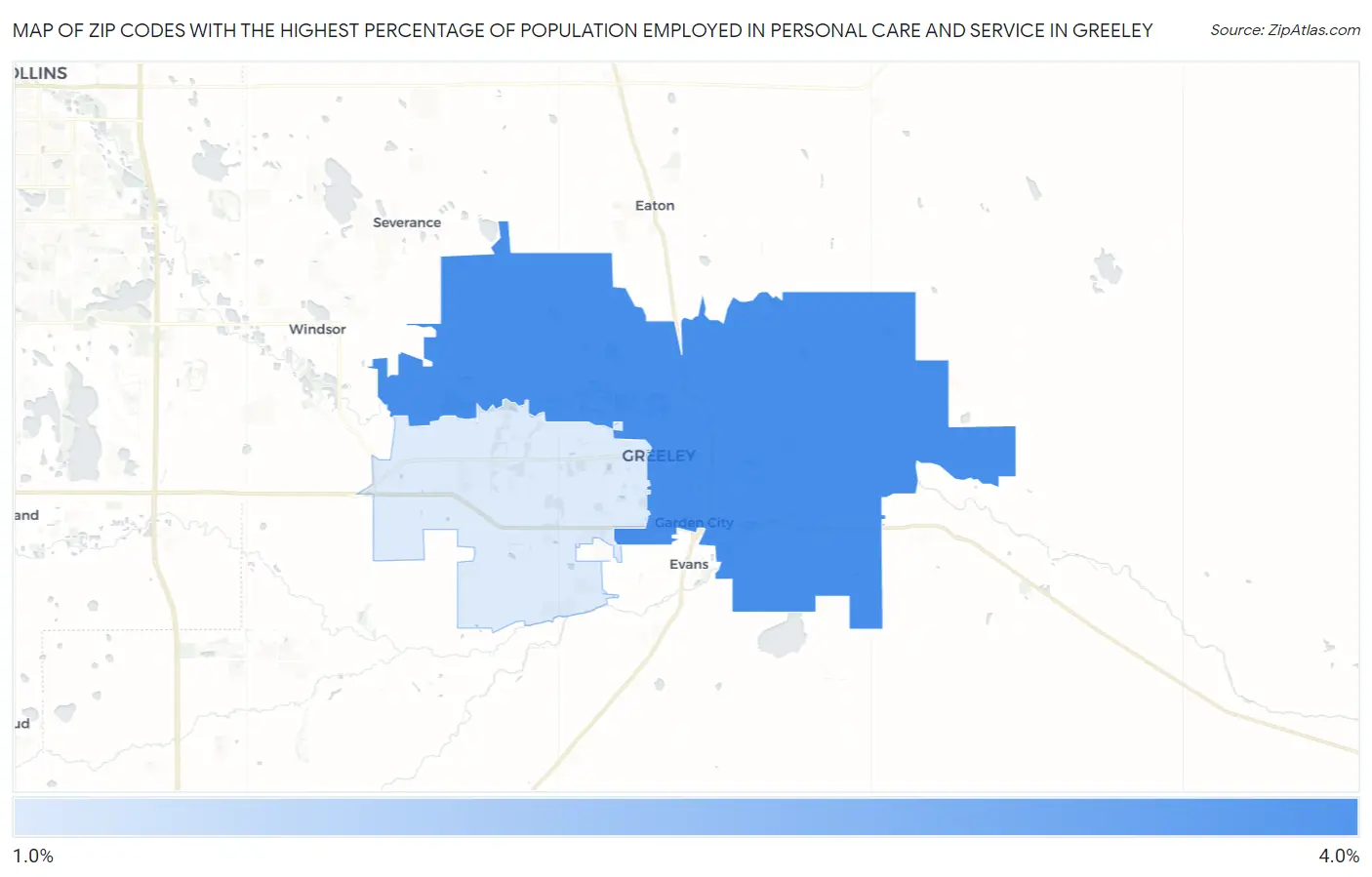 Zip Codes with the Highest Percentage of Population Employed in Personal Care and Service in Greeley Map