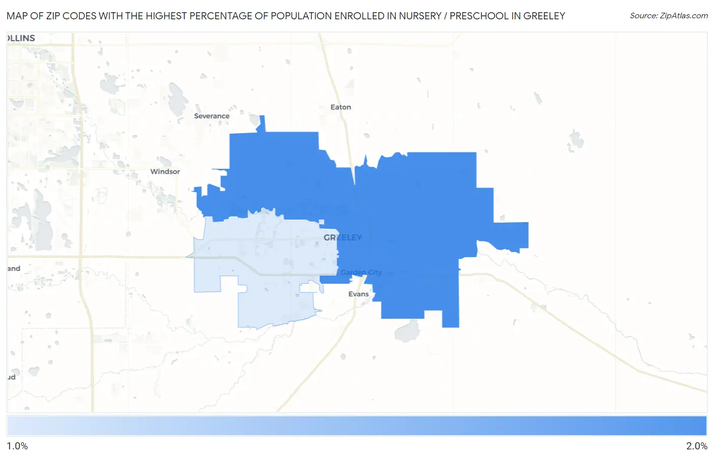 Zip Codes with the Highest Percentage of Population Enrolled in Nursery / Preschool in Greeley Map