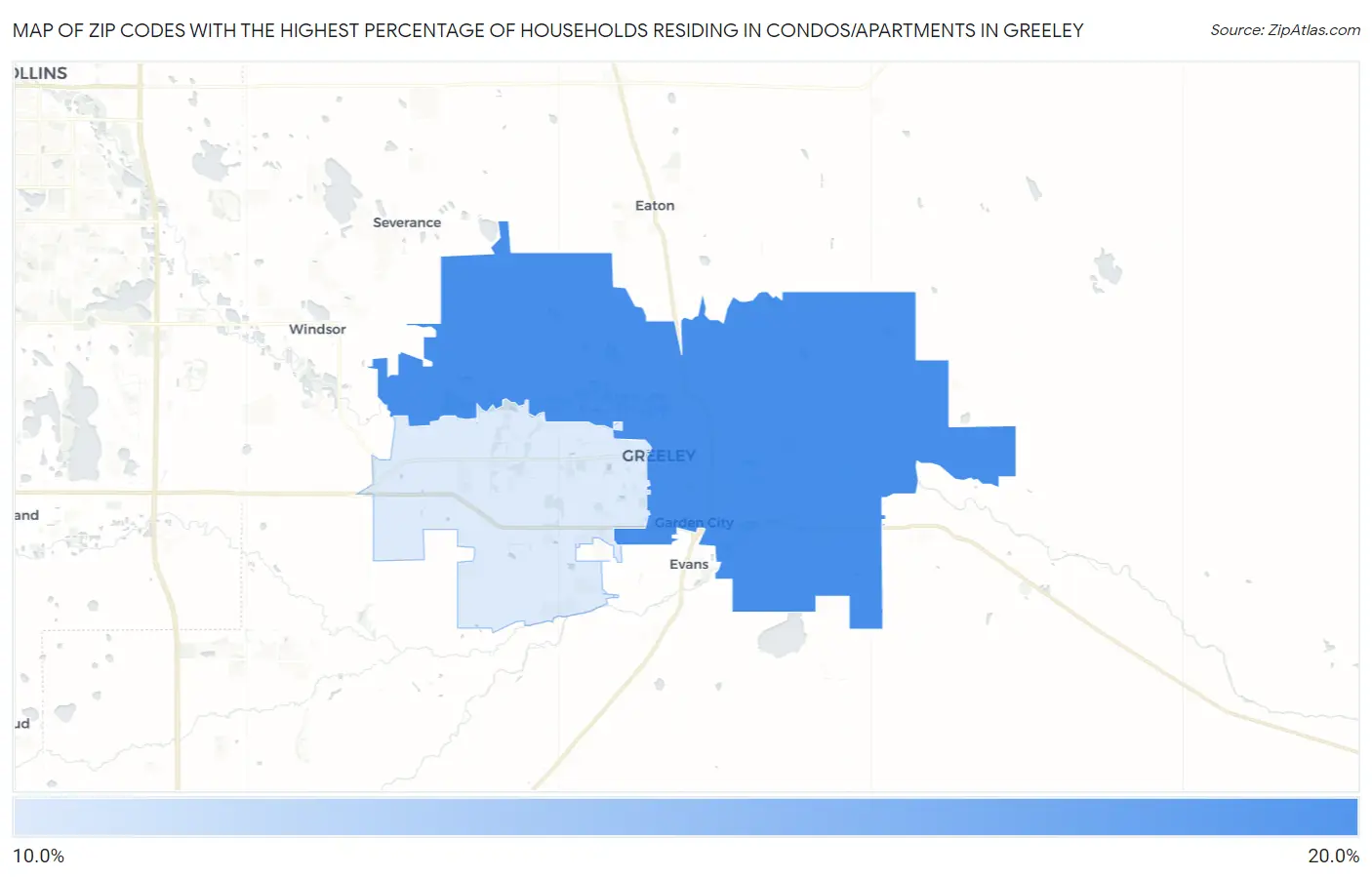 Zip Codes with the Highest Percentage of Households Residing in Condos/Apartments in Greeley Map