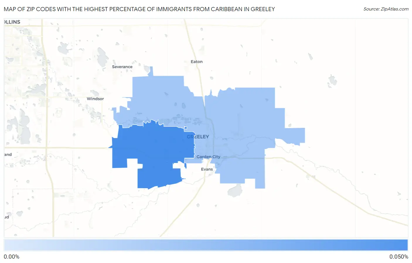 Zip Codes with the Highest Percentage of Immigrants from Caribbean in Greeley Map