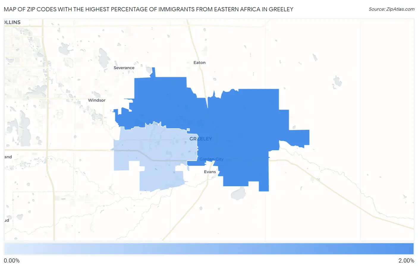 Zip Codes with the Highest Percentage of Immigrants from Eastern Africa in Greeley Map