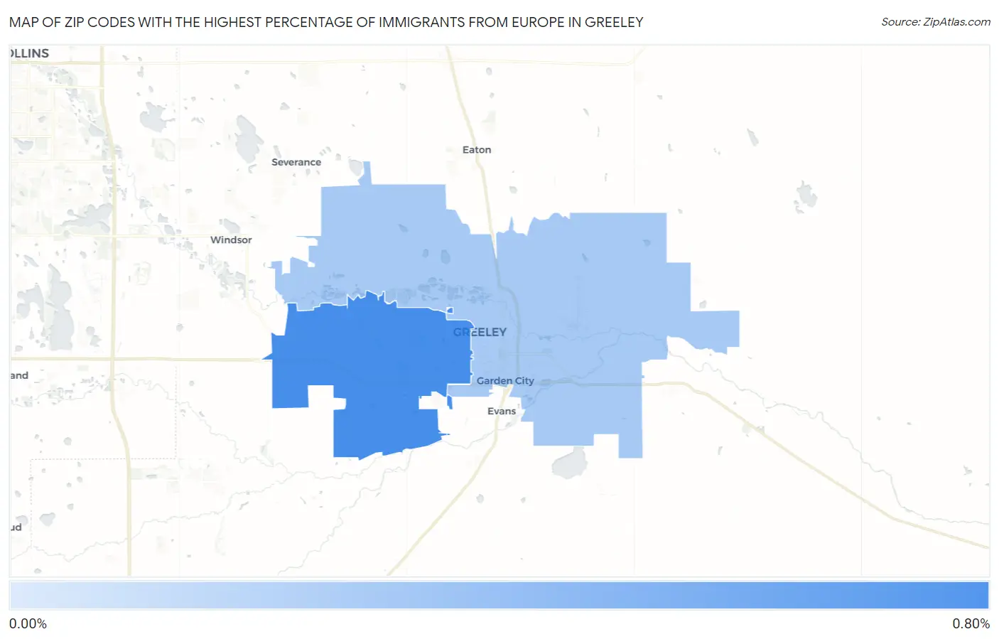 Zip Codes with the Highest Percentage of Immigrants from Europe in Greeley Map