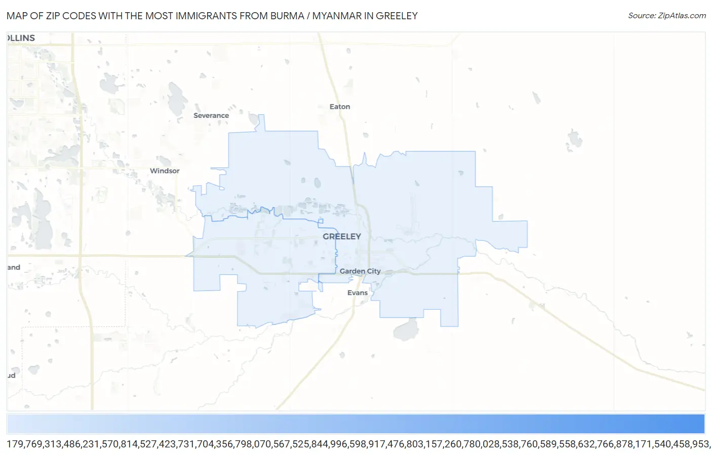 Zip Codes with the Most Immigrants from Burma / Myanmar in Greeley Map