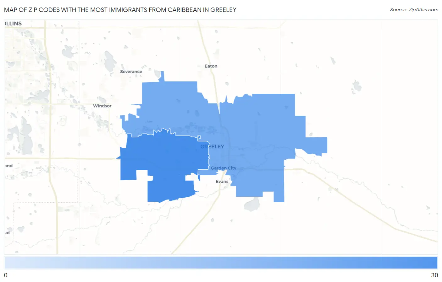 Zip Codes with the Most Immigrants from Caribbean in Greeley Map