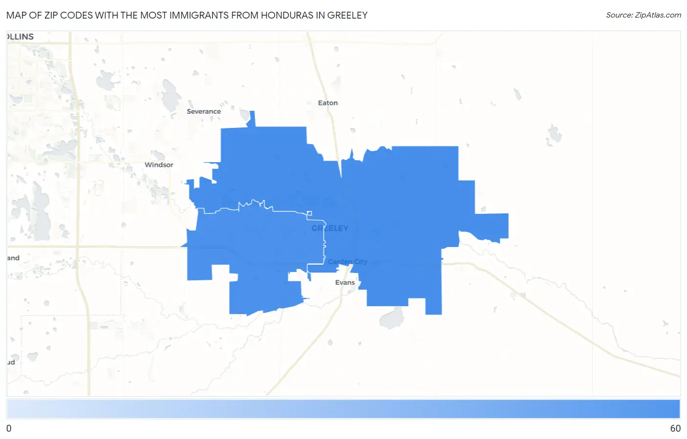 Zip Codes with the Most Immigrants from Honduras in Greeley Map