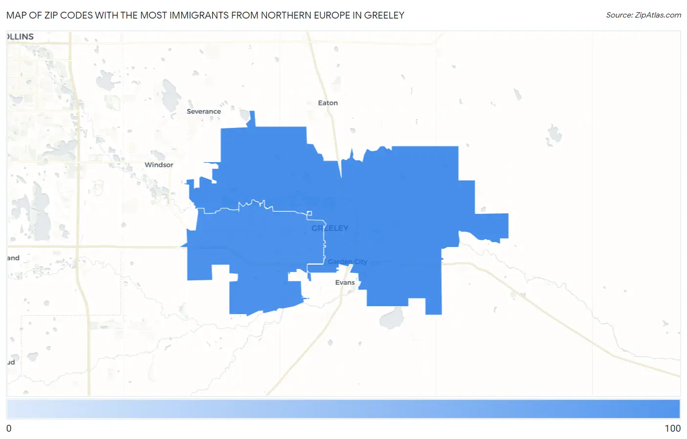 Zip Codes with the Most Immigrants from Northern Europe in Greeley Map