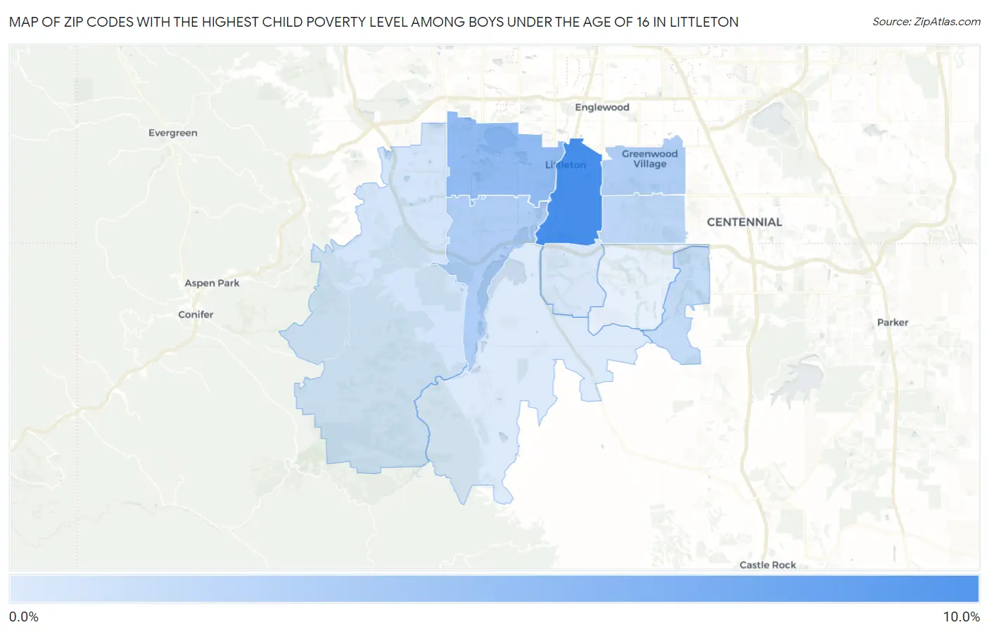 Zip Codes with the Highest Child Poverty Level Among Boys Under the Age of 16 in Littleton Map