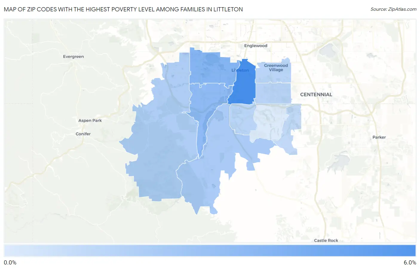 Zip Codes with the Highest Poverty Level Among Families in Littleton Map