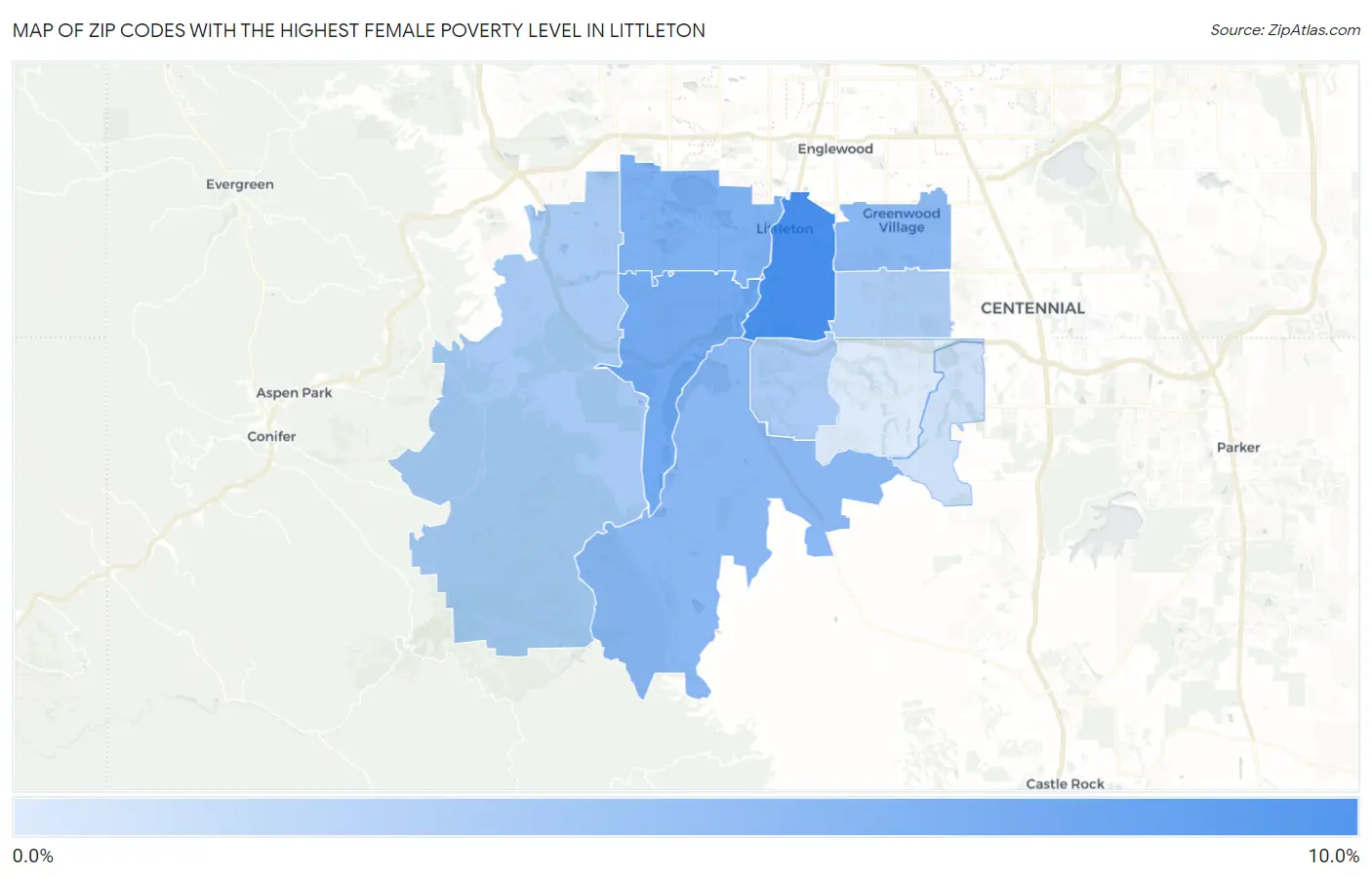Zip Codes with the Highest Female Poverty Level in Littleton Map