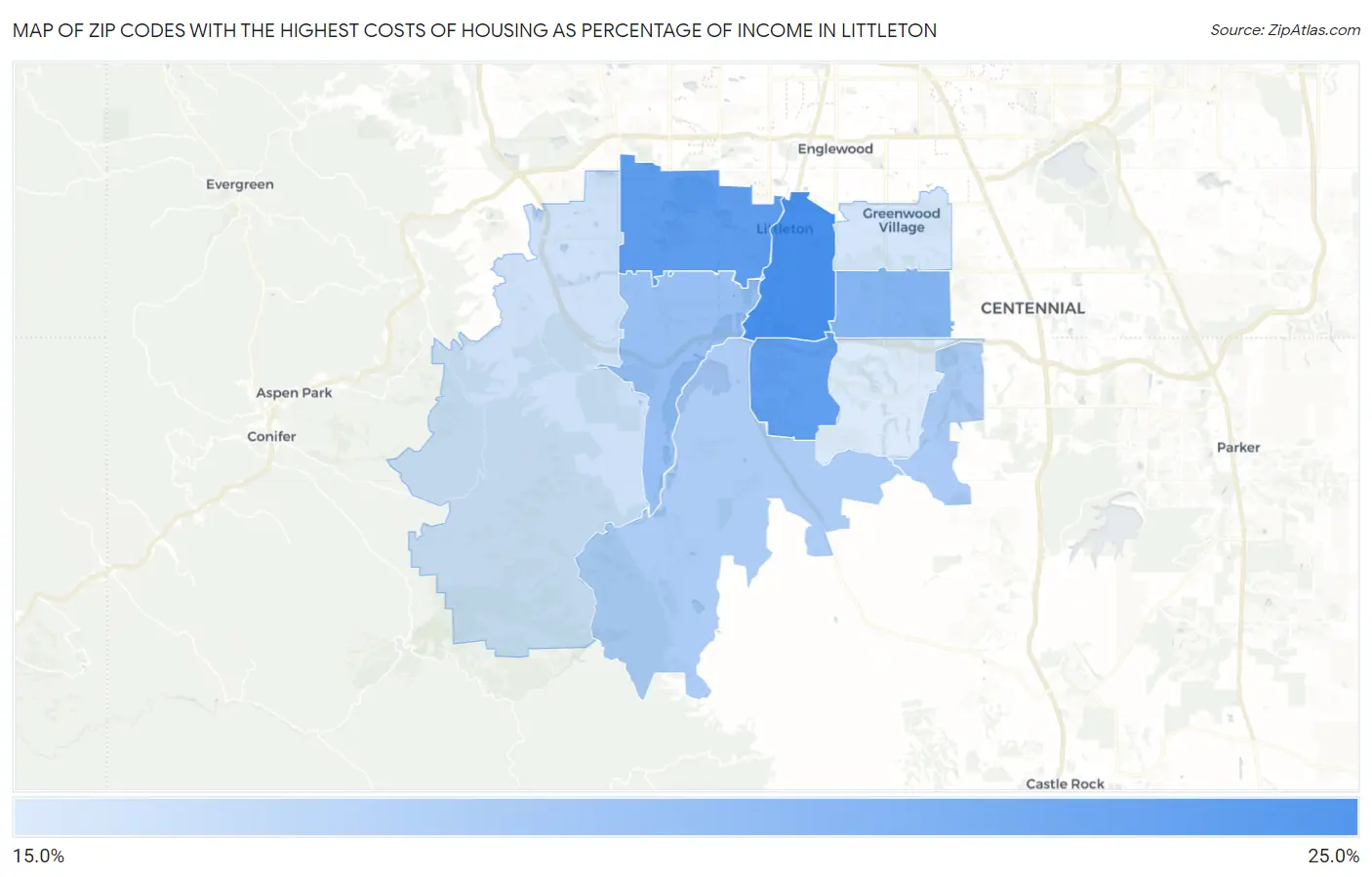 Zip Codes with the Highest Costs of Housing as Percentage of Income in Littleton Map