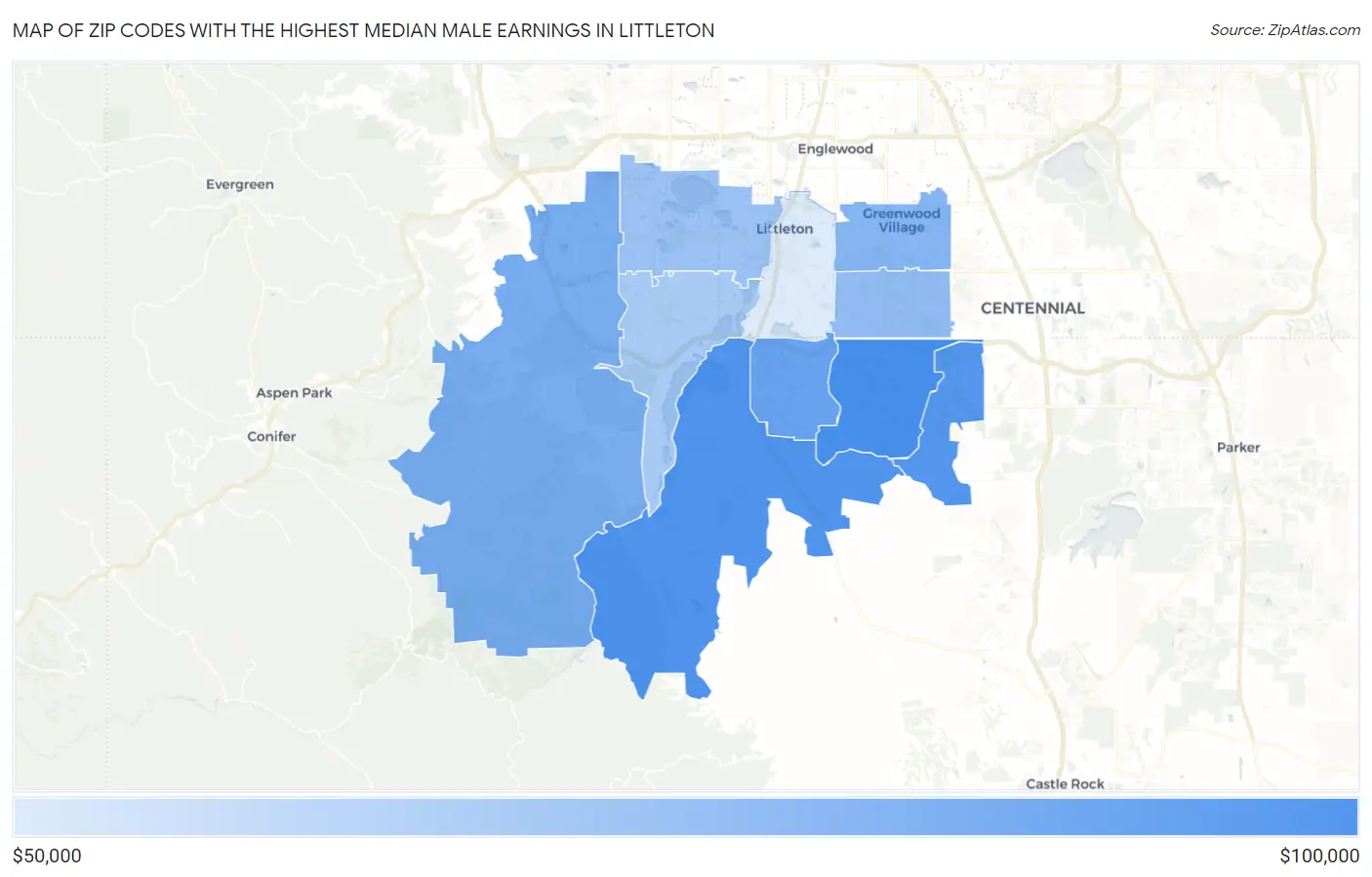 Zip Codes with the Highest Median Male Earnings in Littleton Map