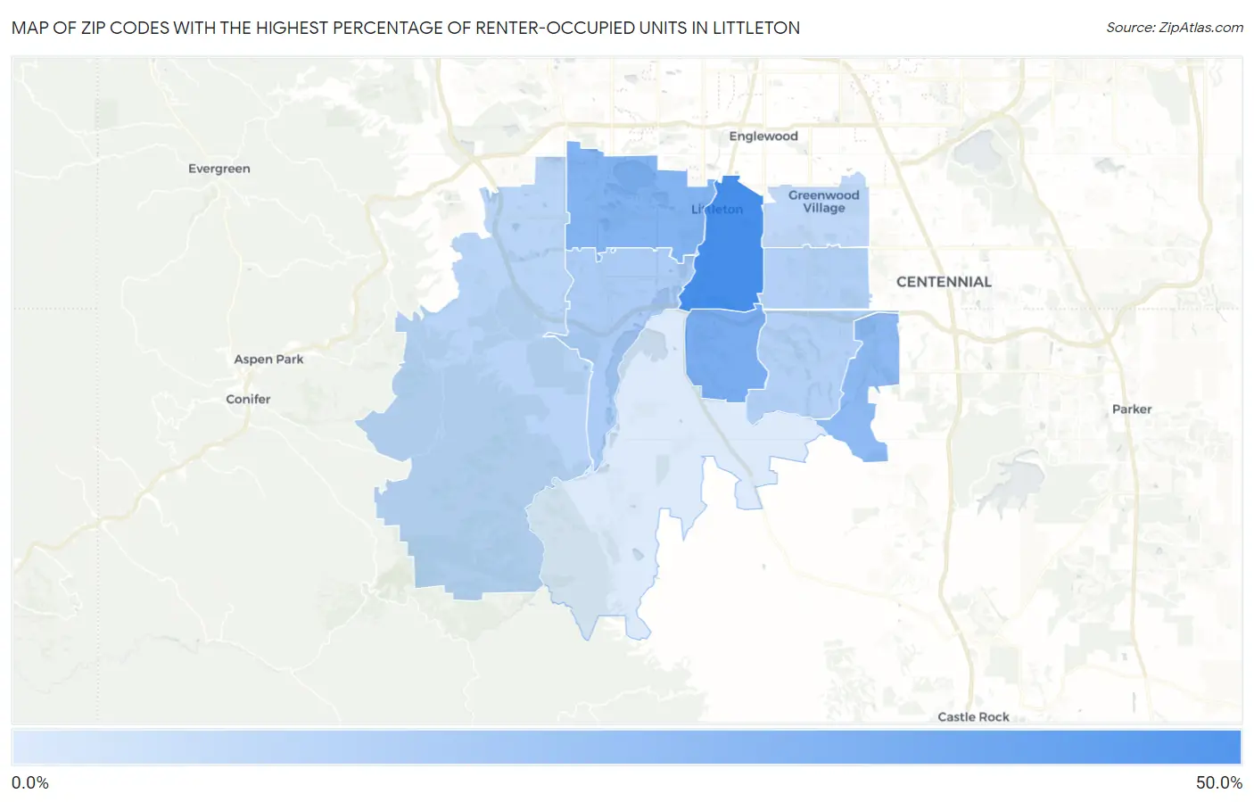Zip Codes with the Highest Percentage of Renter-Occupied Units in Littleton Map