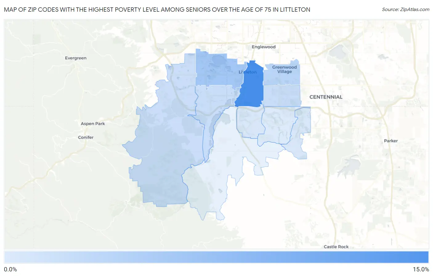 Zip Codes with the Highest Poverty Level Among Seniors Over the Age of 75 in Littleton Map