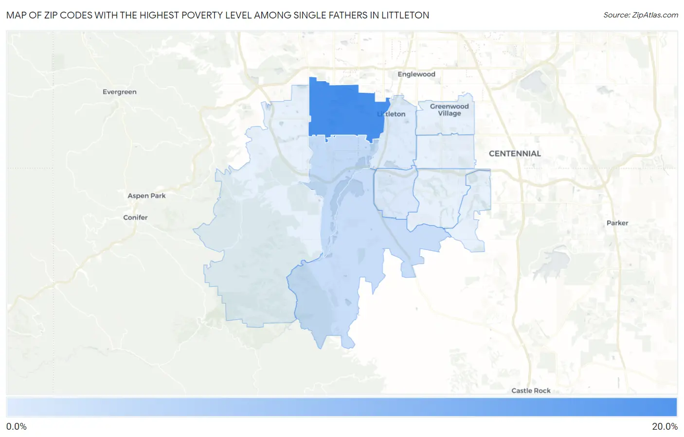 Zip Codes with the Highest Poverty Level Among Single Fathers in Littleton Map