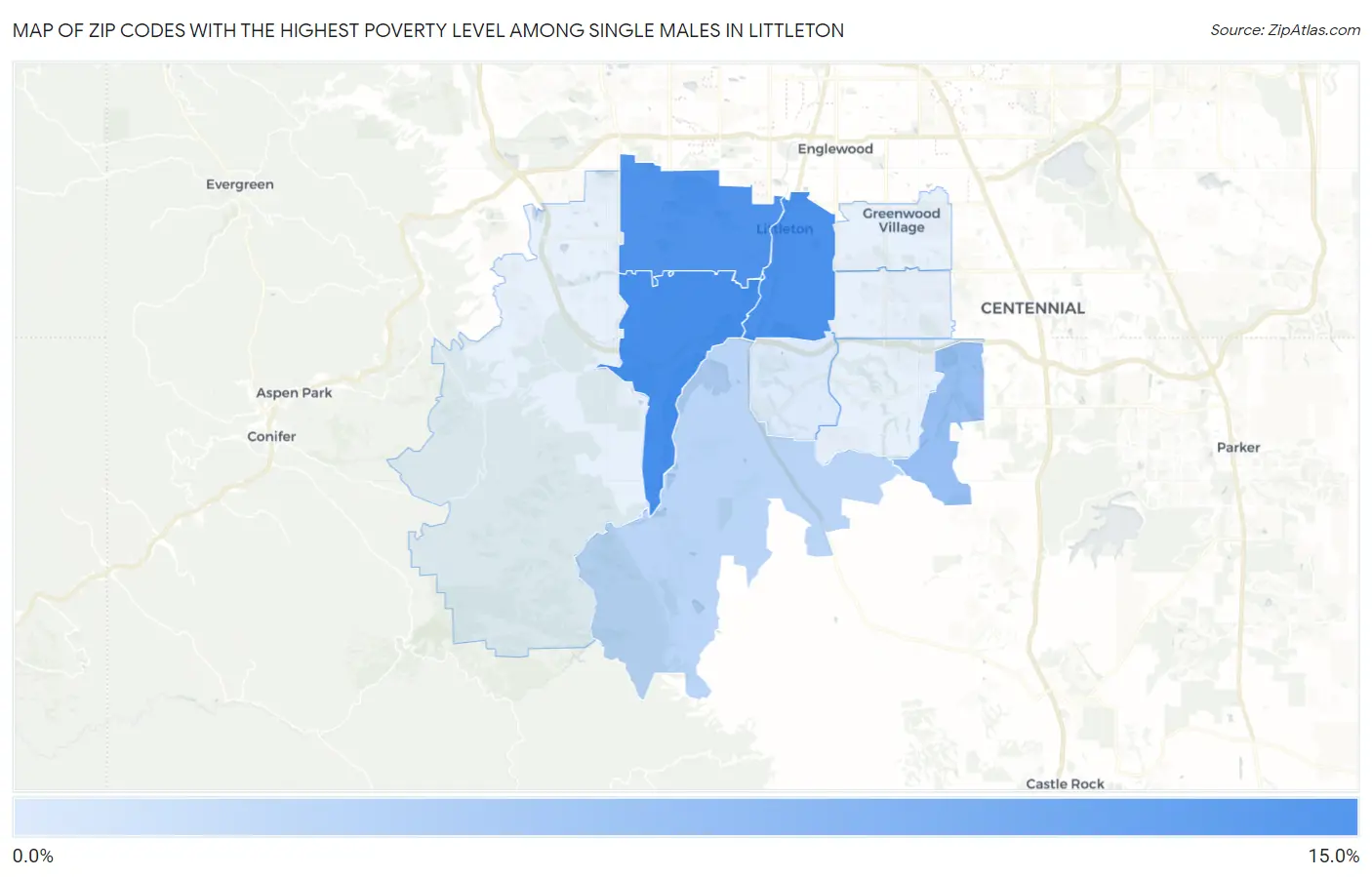 Zip Codes with the Highest Poverty Level Among Single Males in Littleton Map