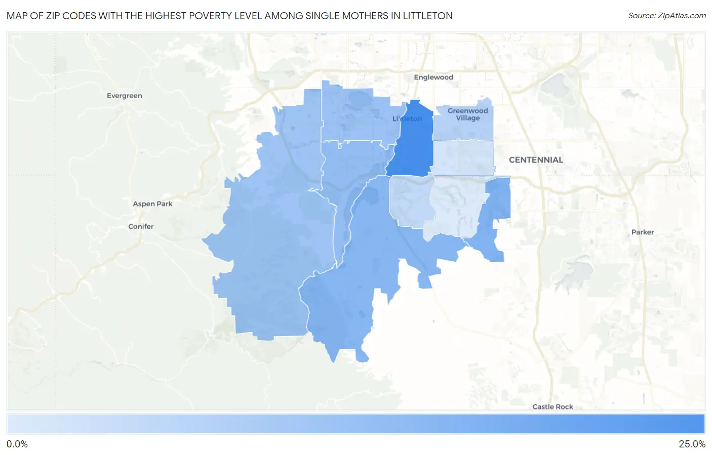 Zip Codes with the Highest Poverty Level Among Single Mothers in Littleton Map