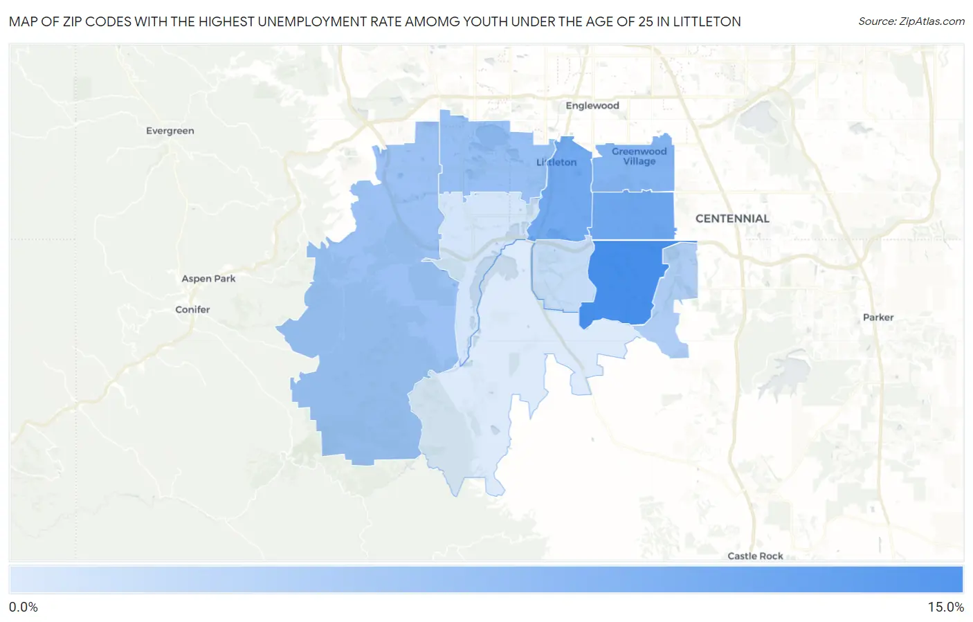 Zip Codes with the Highest Unemployment Rate Amomg Youth Under the Age of 25 in Littleton Map