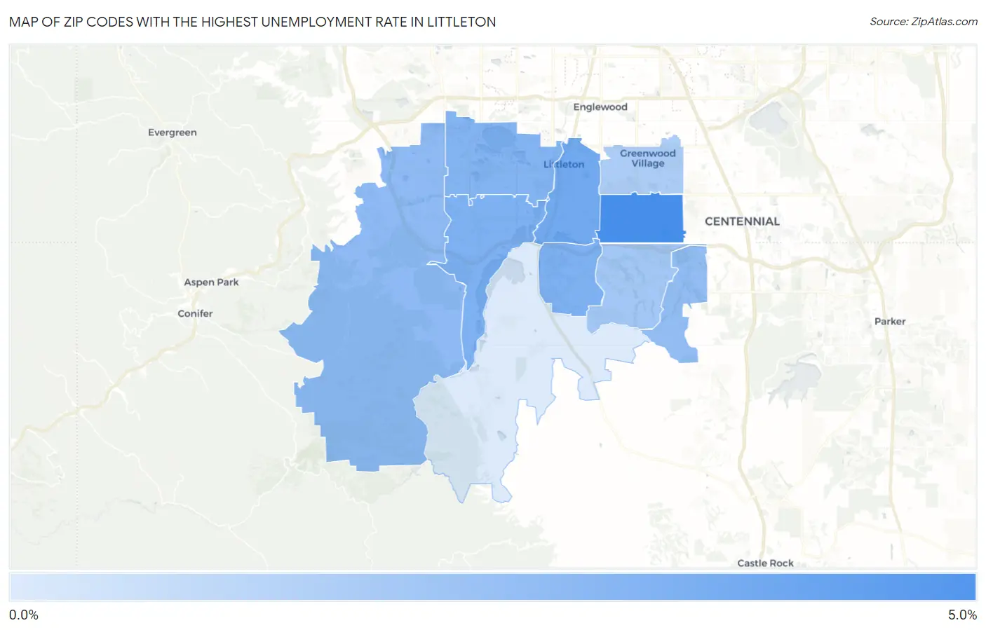 Zip Codes with the Highest Unemployment Rate in Littleton Map