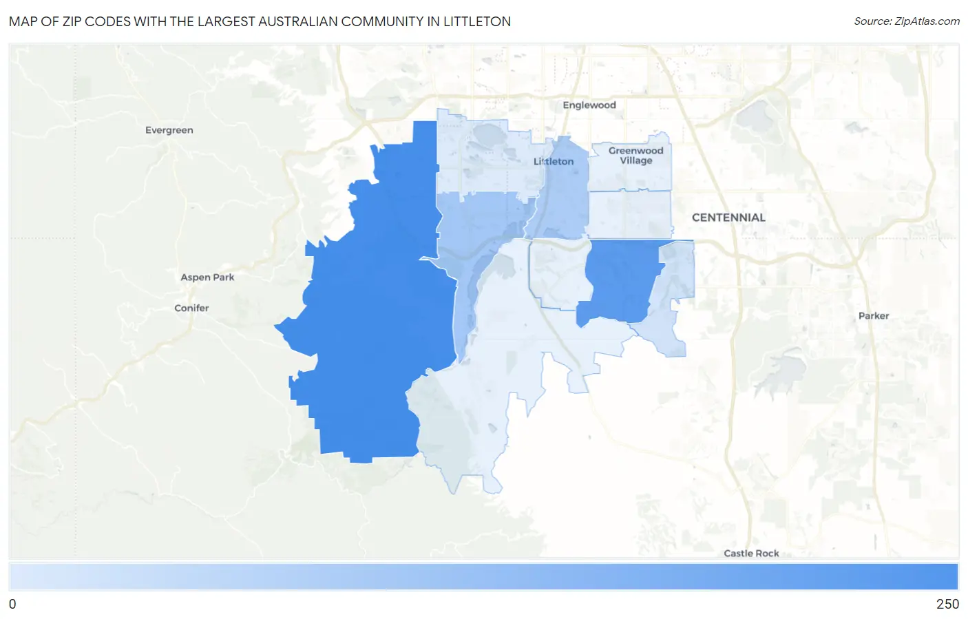 Zip Codes with the Largest Australian Community in Littleton Map