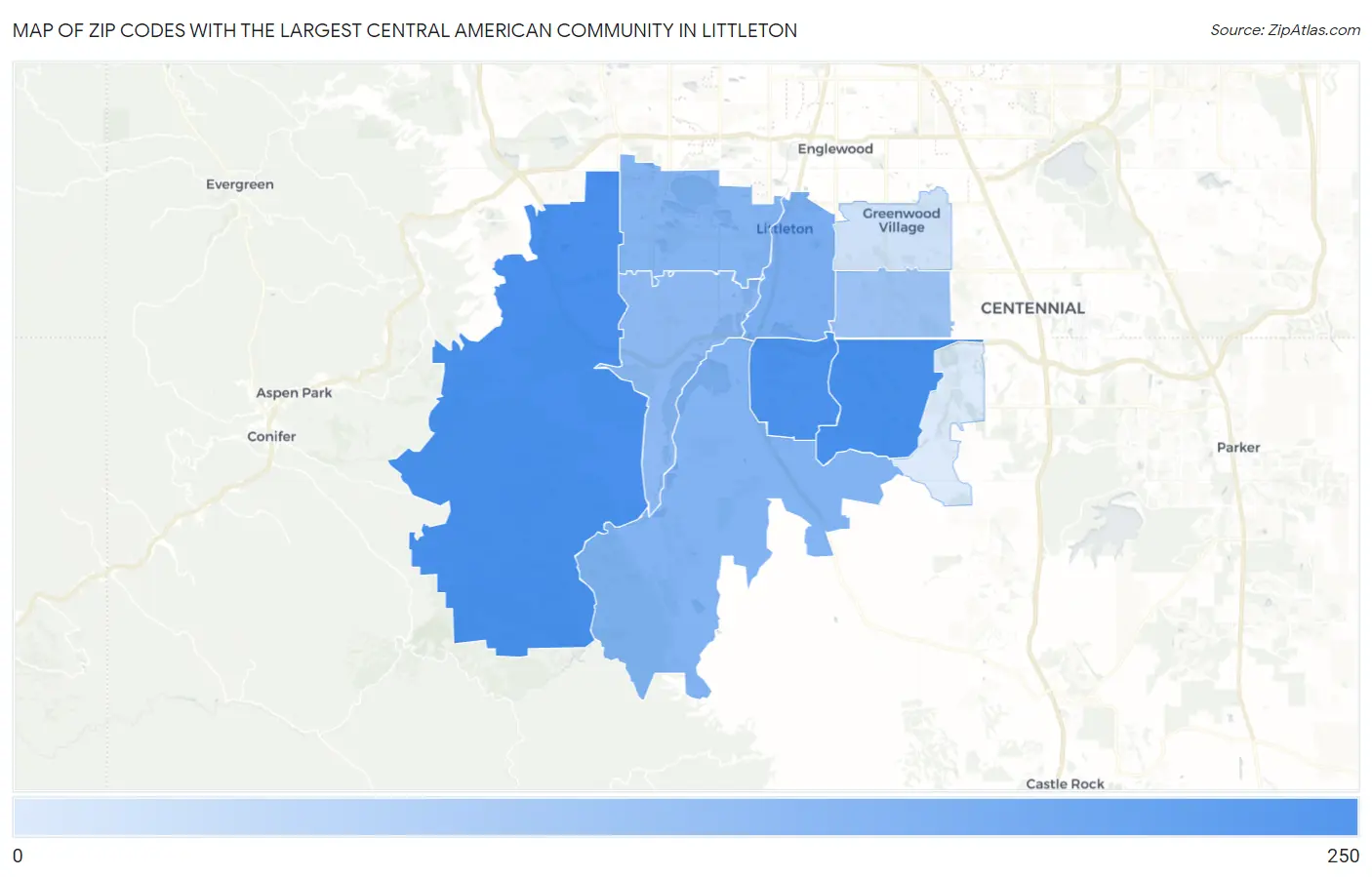 Zip Codes with the Largest Central American Community in Littleton Map