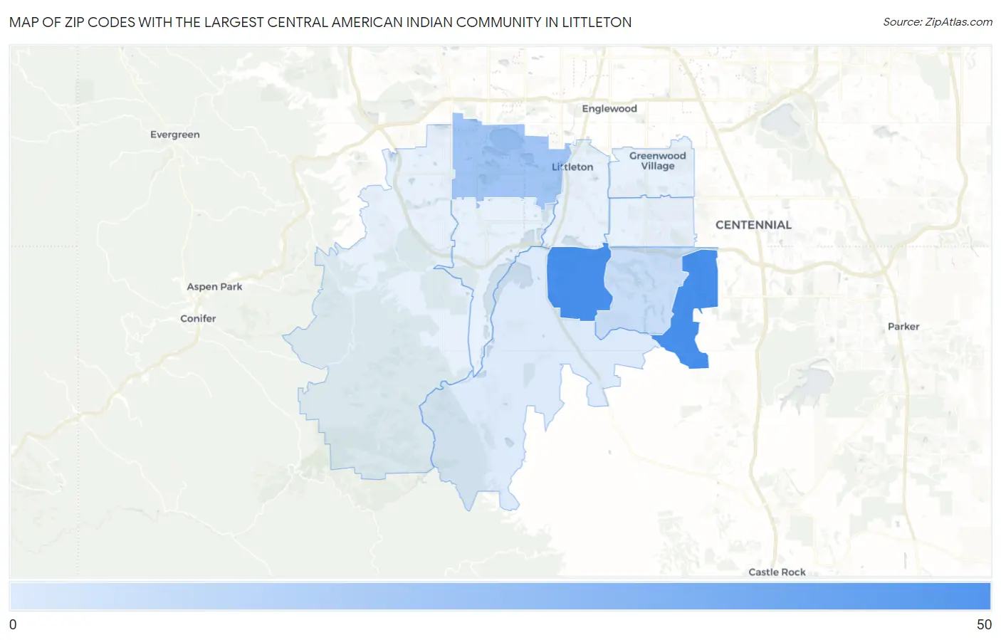 Zip Codes with the Largest Central American Indian Community in Littleton Map