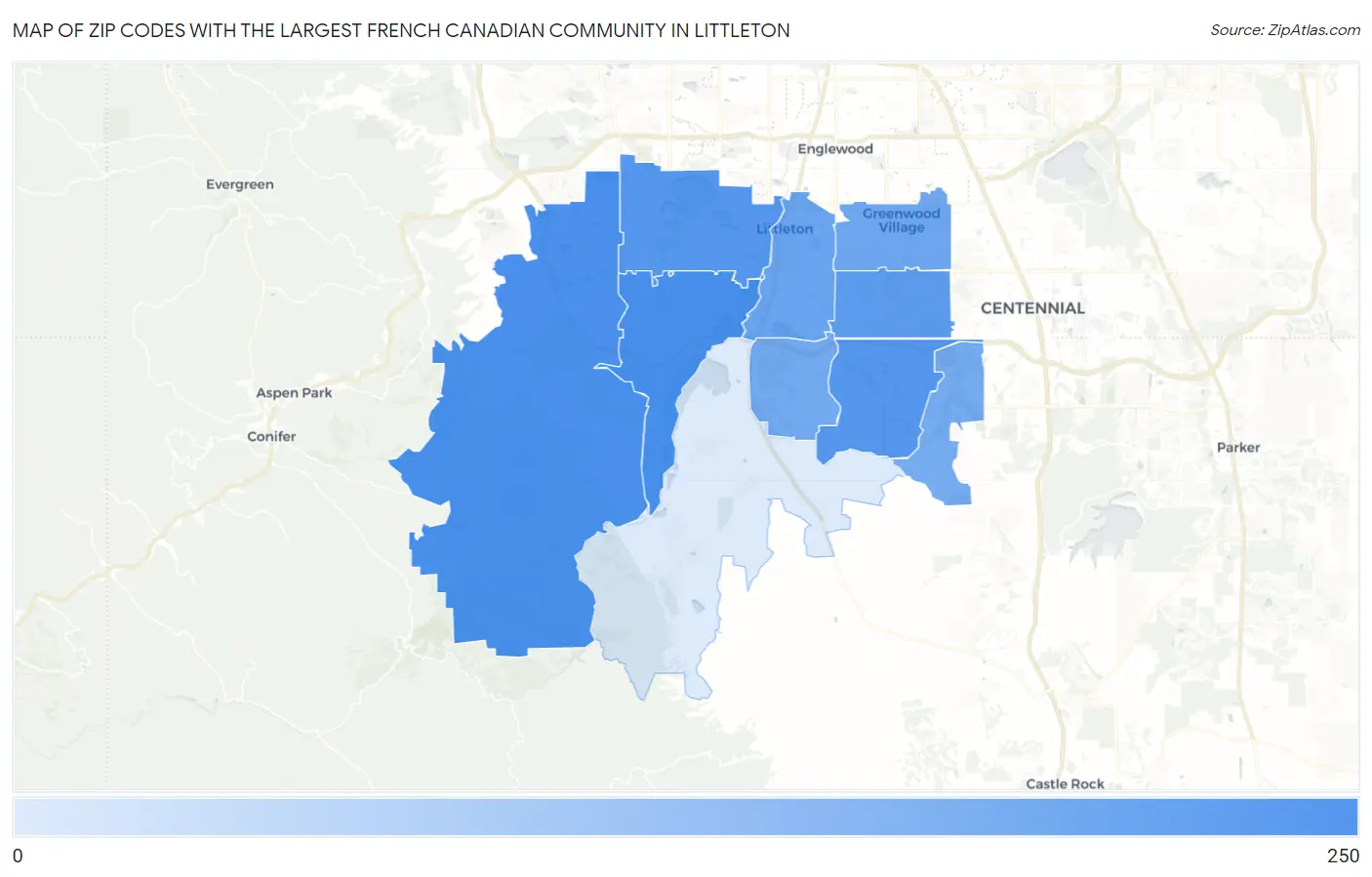 Zip Codes with the Largest French Canadian Community in Littleton Map