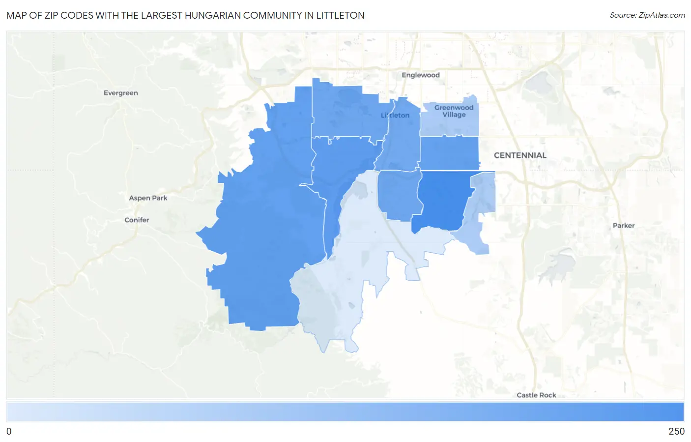 Zip Codes with the Largest Hungarian Community in Littleton Map