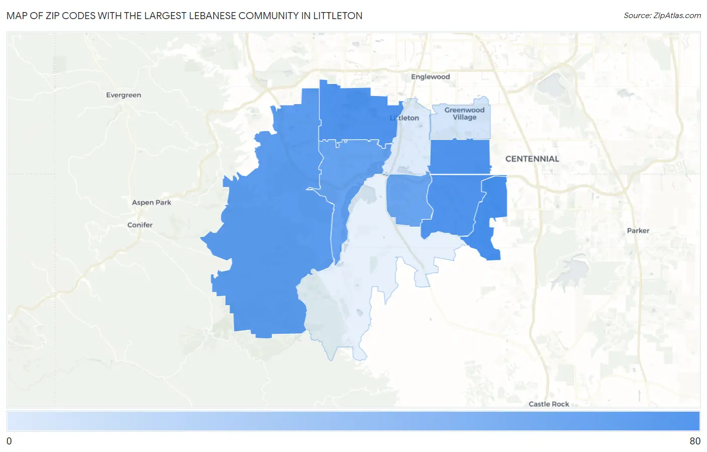 Zip Codes with the Largest Lebanese Community in Littleton Map