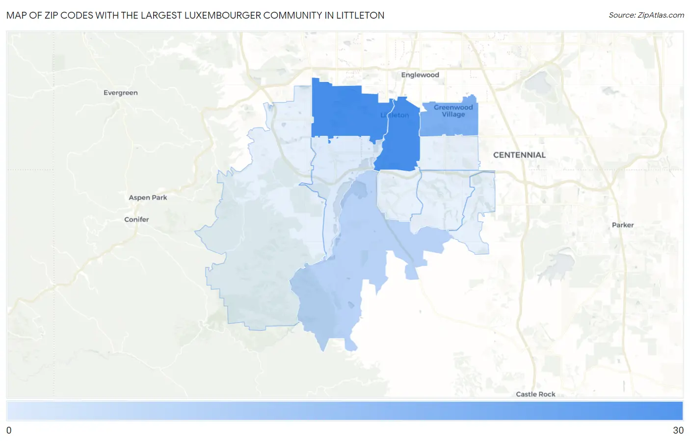 Zip Codes with the Largest Luxembourger Community in Littleton Map
