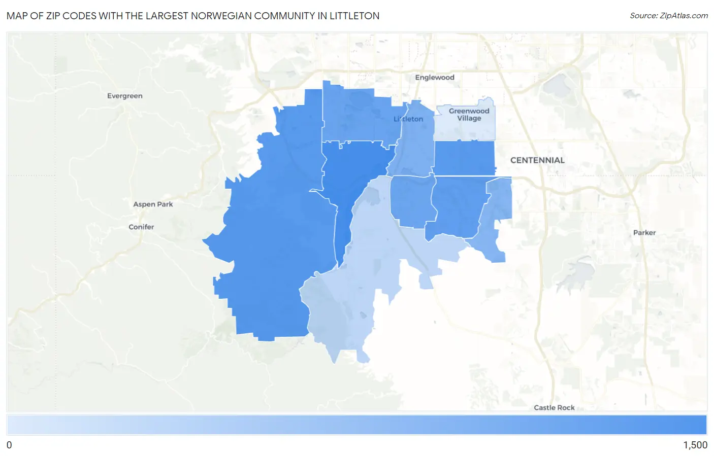 Zip Codes with the Largest Norwegian Community in Littleton Map