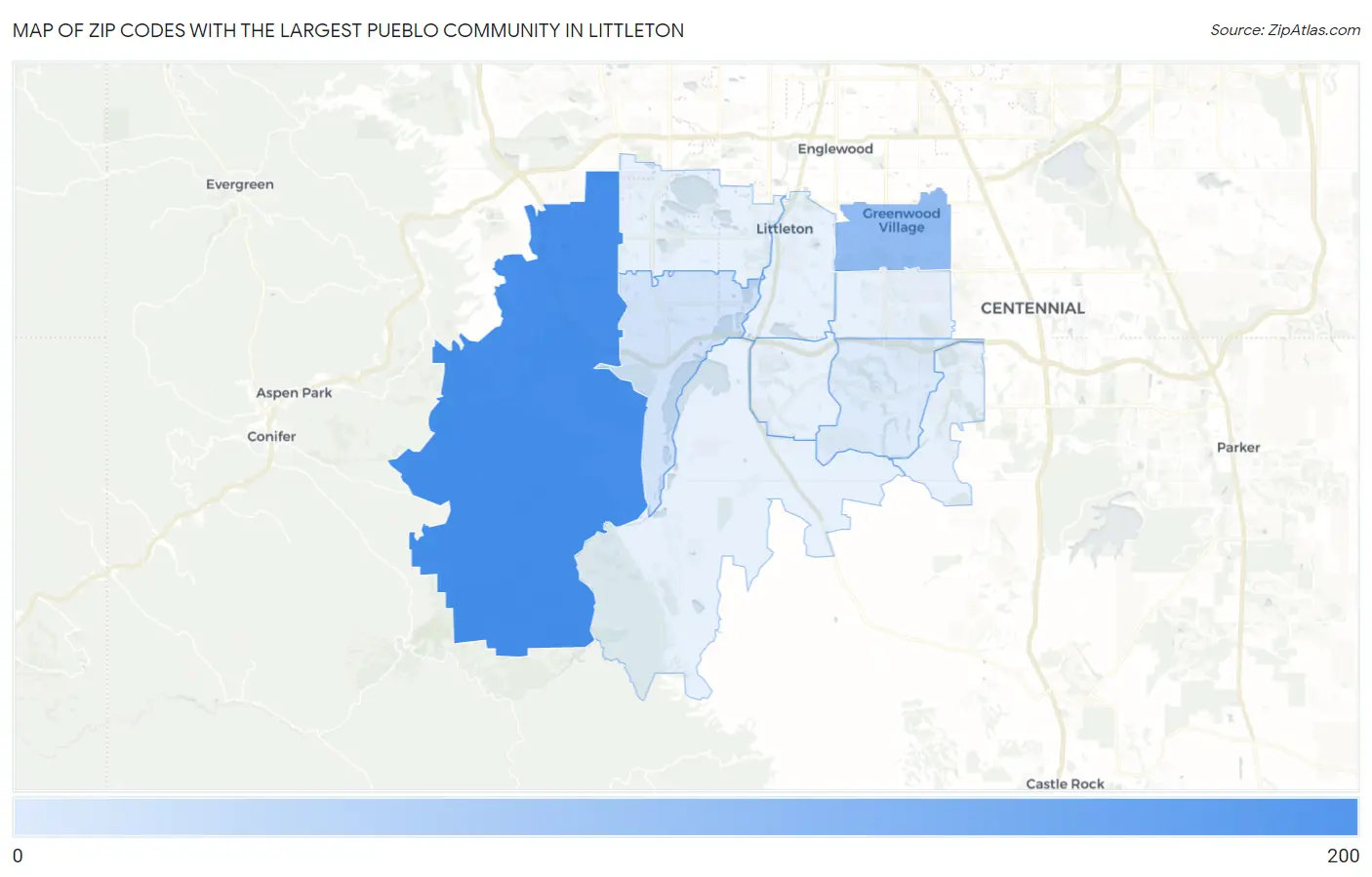 Zip Codes with the Largest Pueblo Community in Littleton Map