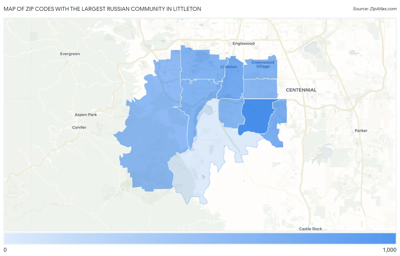 Zip Codes with the Largest Russian Community in Littleton Map