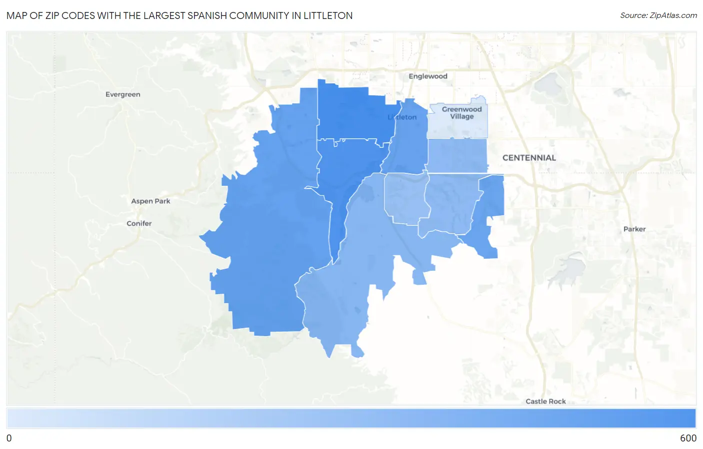 Zip Codes with the Largest Spanish Community in Littleton Map