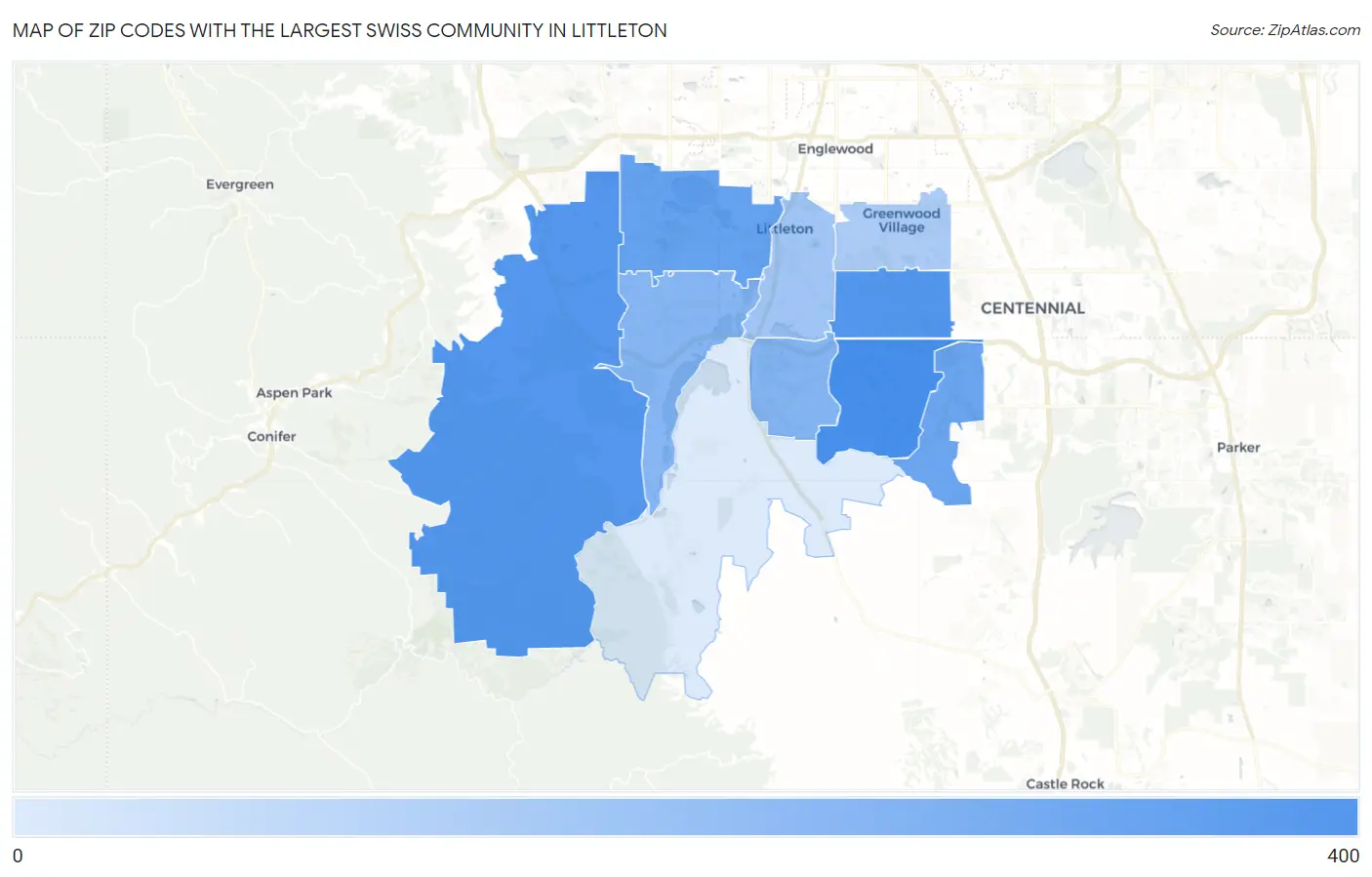 Zip Codes with the Largest Swiss Community in Littleton Map