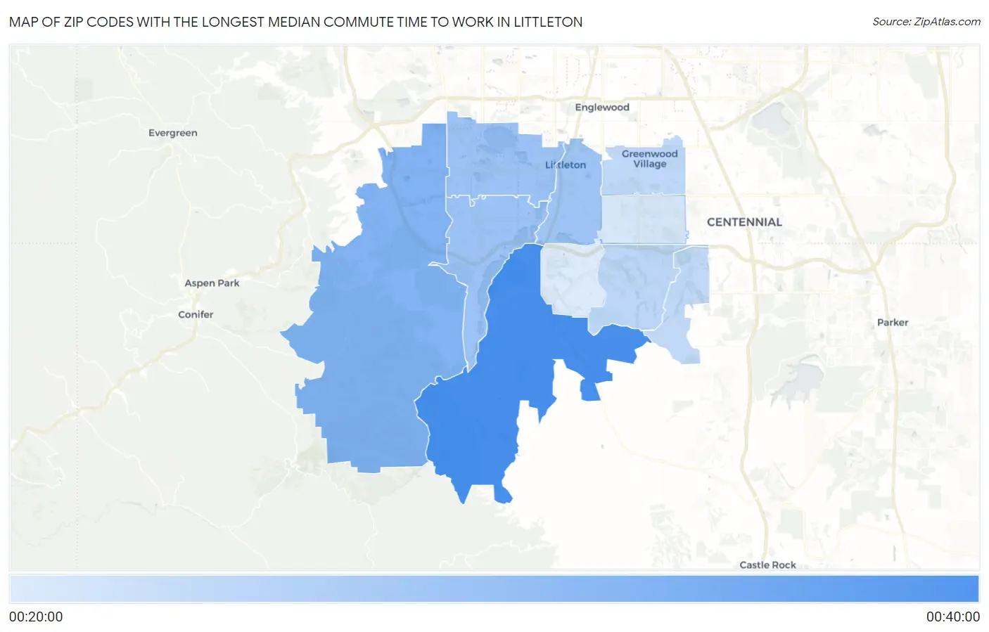 Zip Codes with the Longest Median Commute Time to Work in Littleton Map