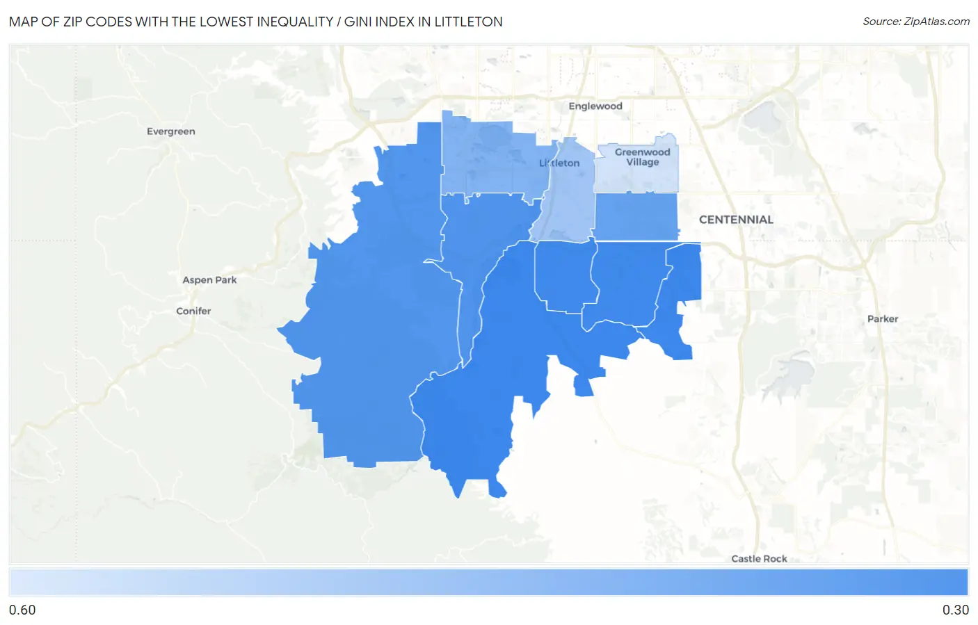 Zip Codes with the Lowest Inequality / Gini Index in Littleton Map