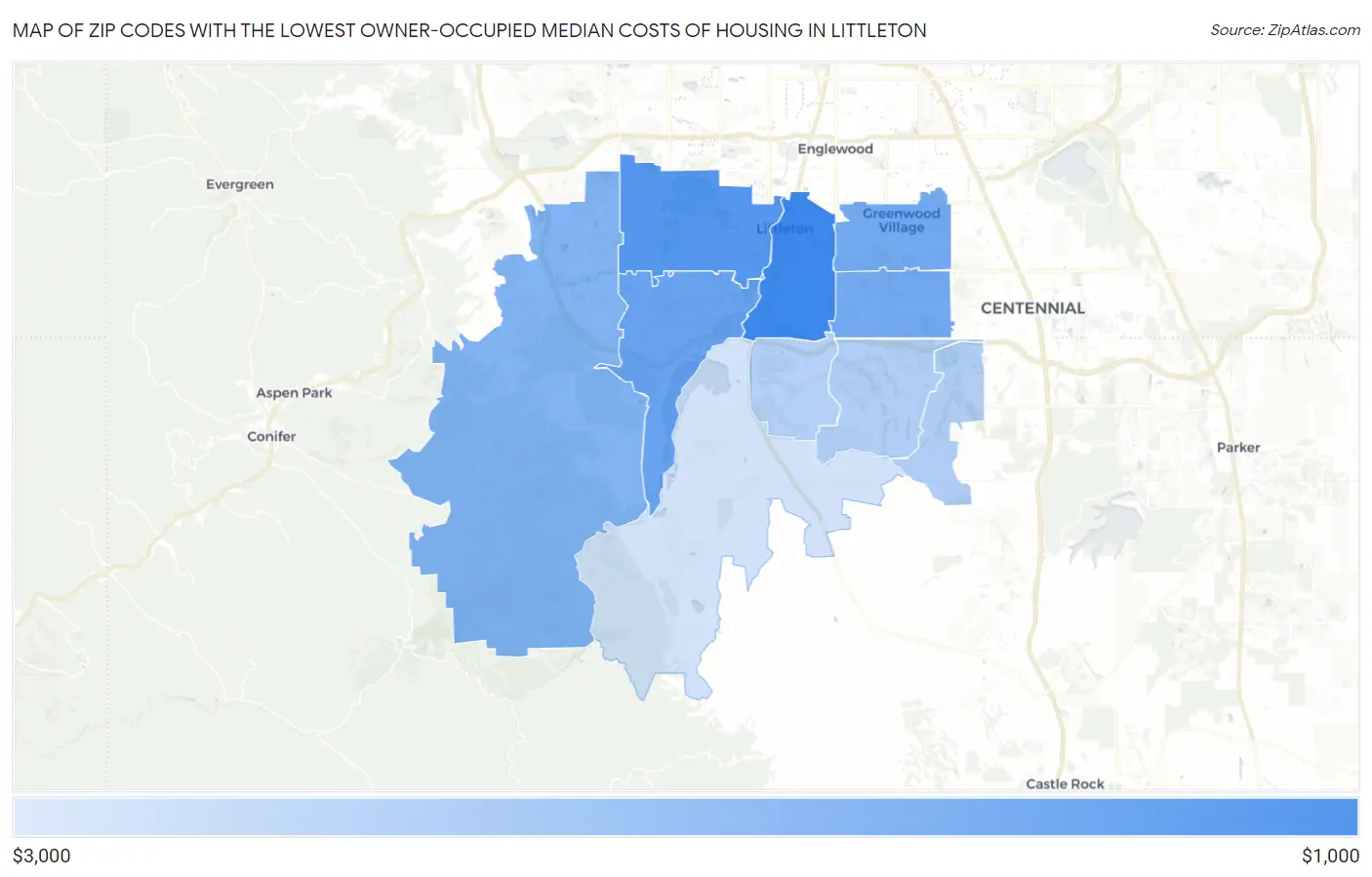 Zip Codes with the Lowest Owner-Occupied Median Costs of Housing in Littleton Map