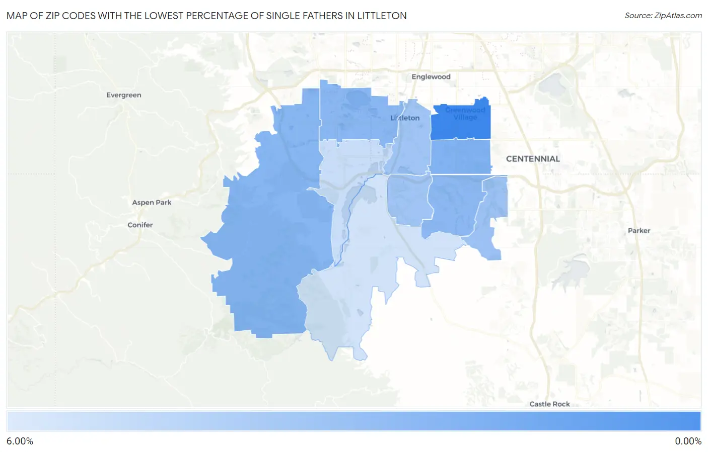 Zip Codes with the Lowest Percentage of Single Fathers in Littleton Map