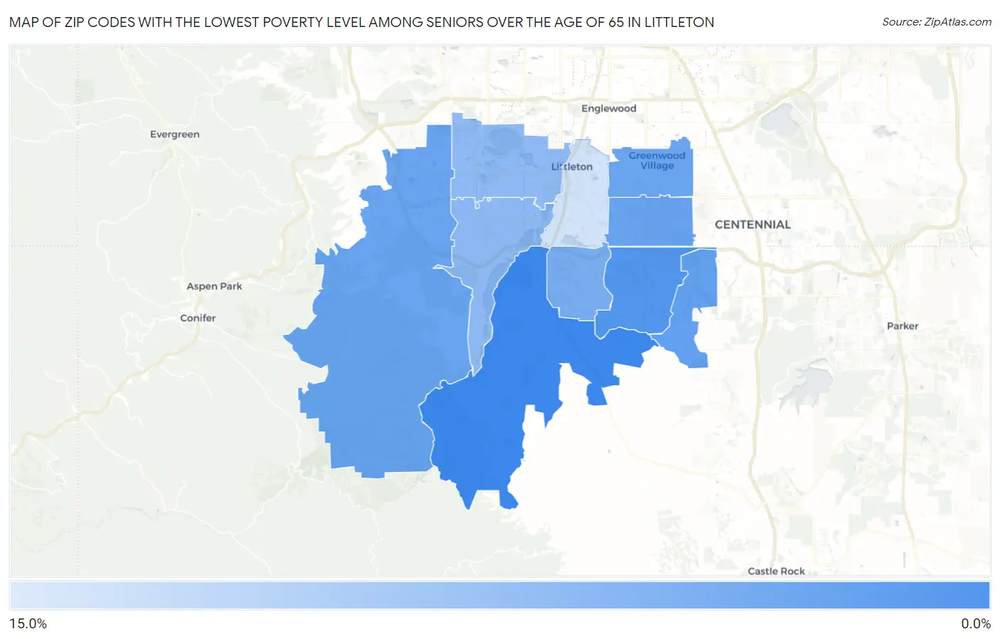 Zip Codes with the Lowest Poverty Level Among Seniors Over the Age of 65 in Littleton Map