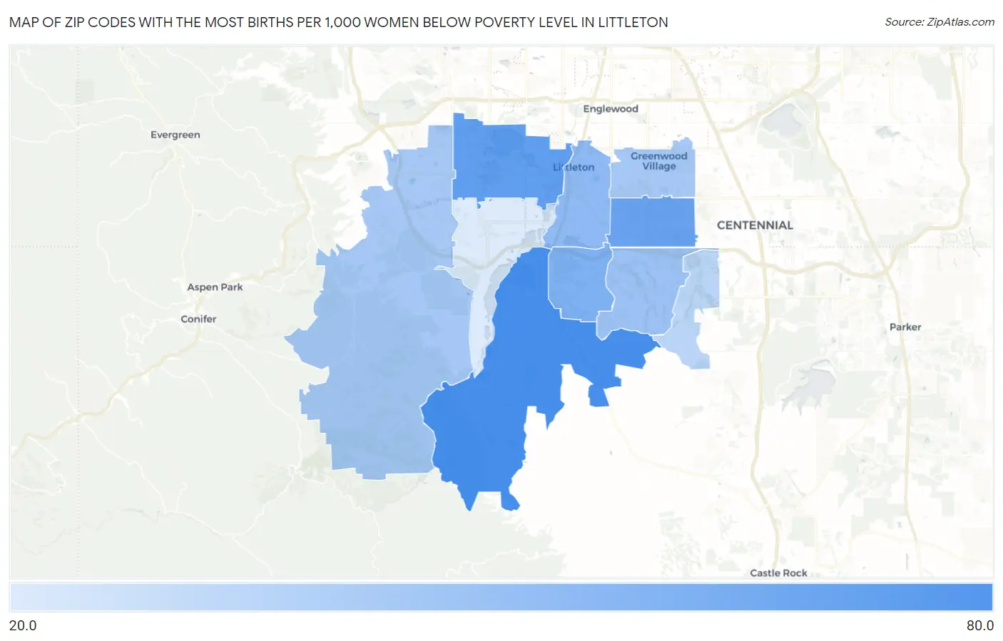 Zip Codes with the Most Births per 1,000 Women Below Poverty Level in Littleton Map